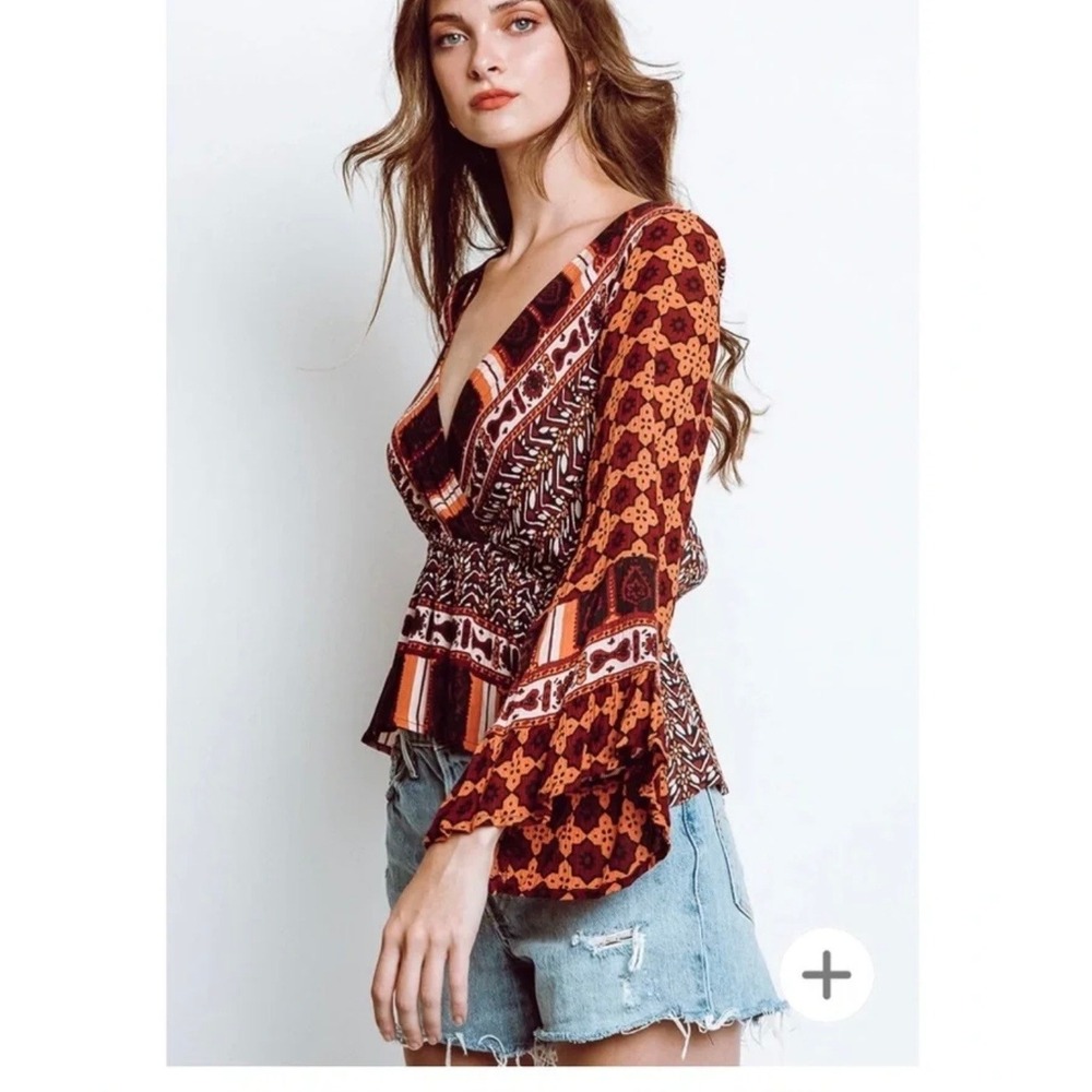 Free People Rosalie Wrap‎ Top XS Boho Bell Sleeve V-Neck Blouse Orange Red